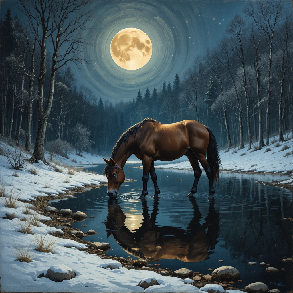 Cavalo solitário bebendo em um lago ao luar na floresta de inverno