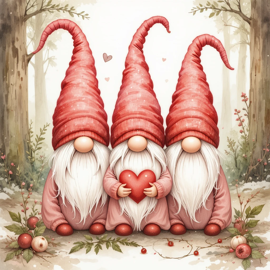 Gnomes de Saint‑Valentin en aquarelle dans une douce scène forestière