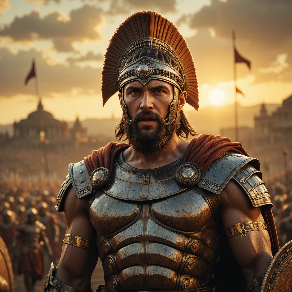 Spartan warrior king standing proud in rising sun armor