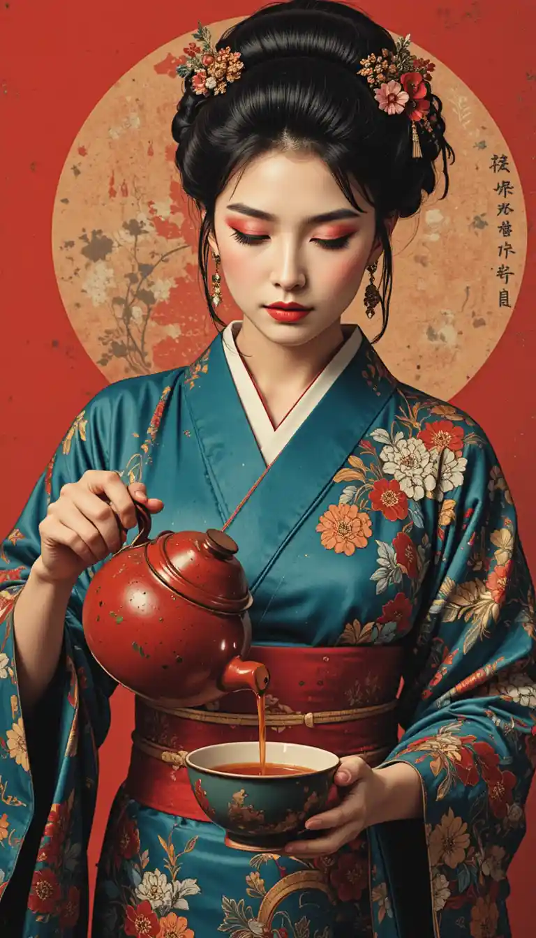 Donna giapponese in kimono che versa il tè su sfondo rosso