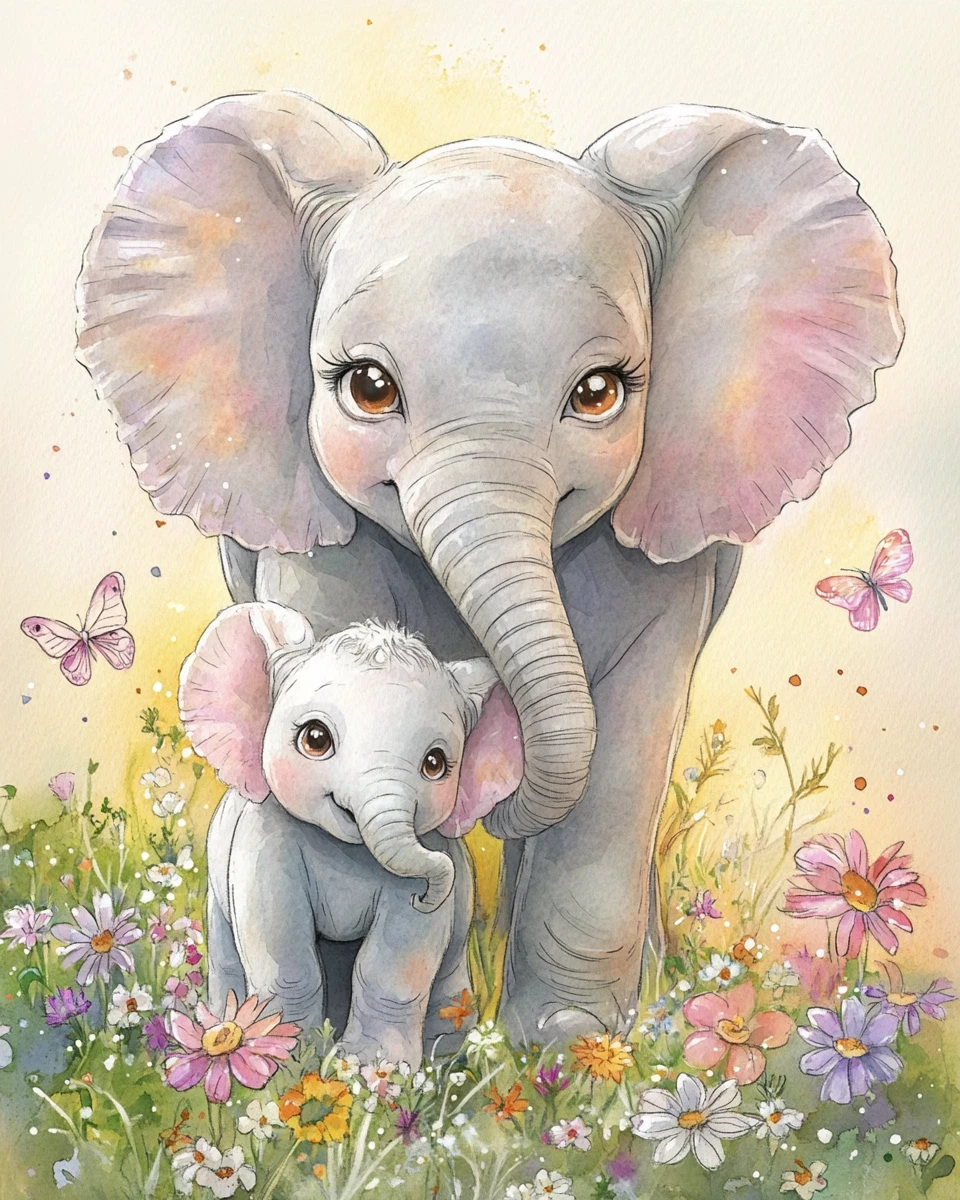 Éléphante mère et son bébé en aquarelle dans un pré fleuri ensoleillé