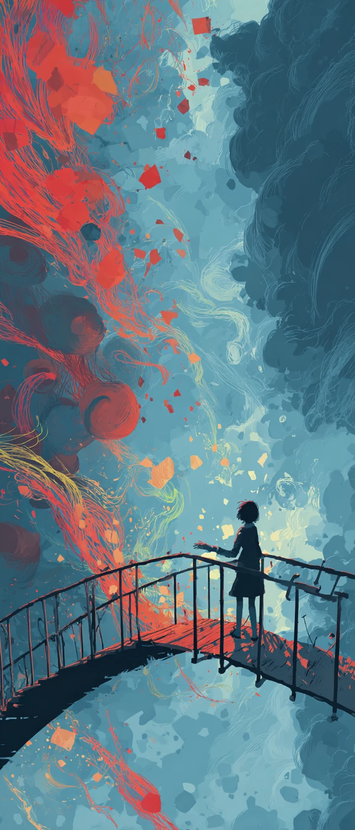 Deaf girl on narrow bridge with colorful sound shapes