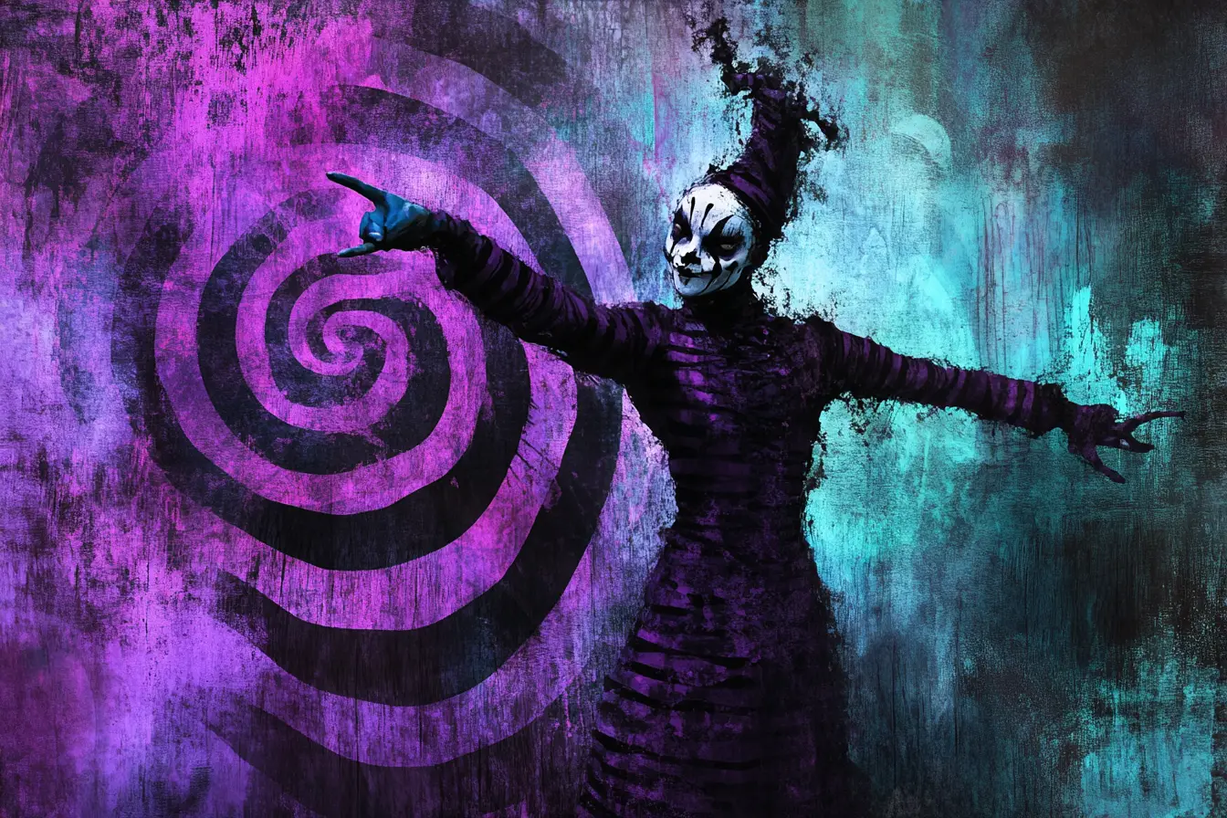 Carnaval sombrio em roxo e verde‑azulado com formas góticas em espiral
