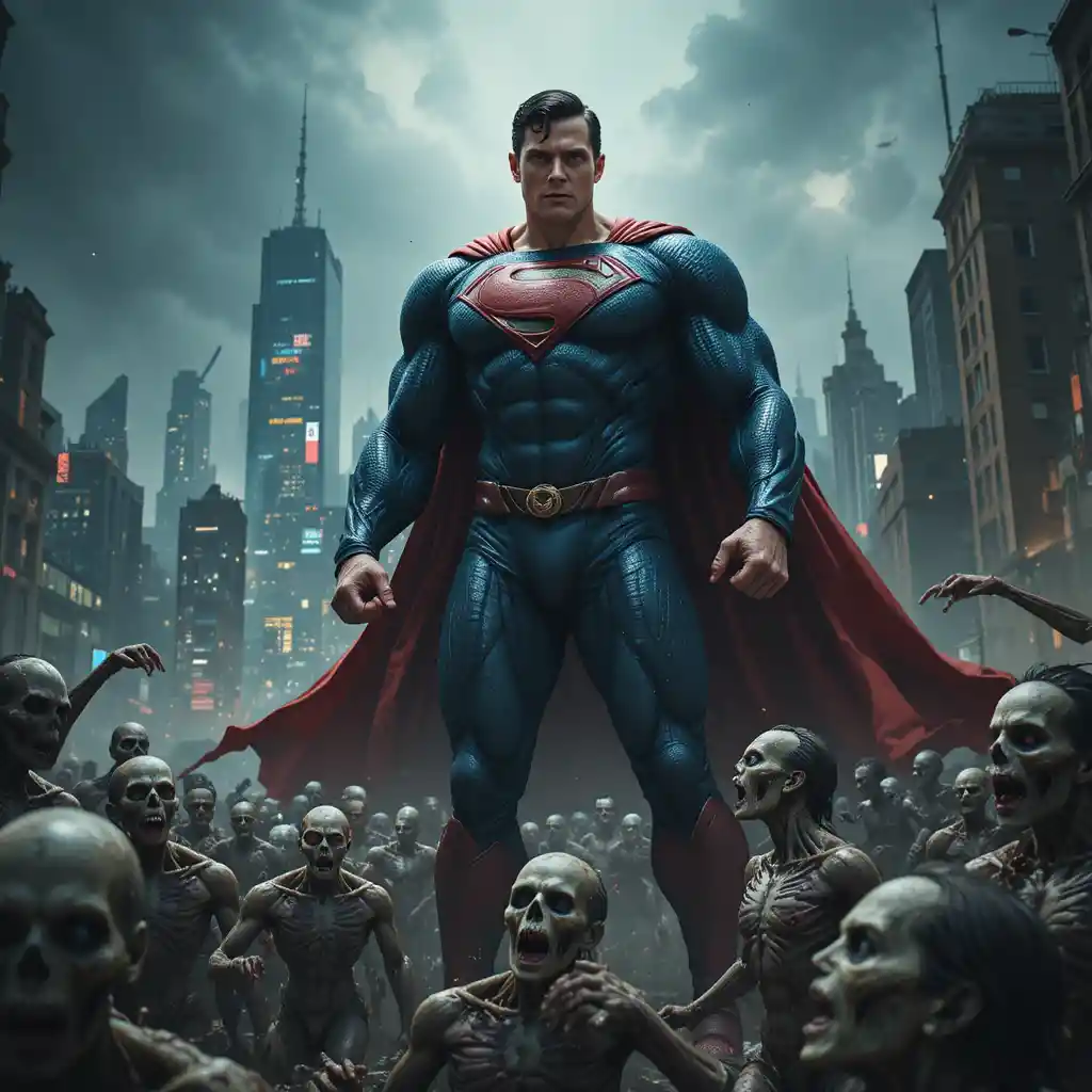 Superhero Faces Zombie Horde In Ruined Metropolis Streets