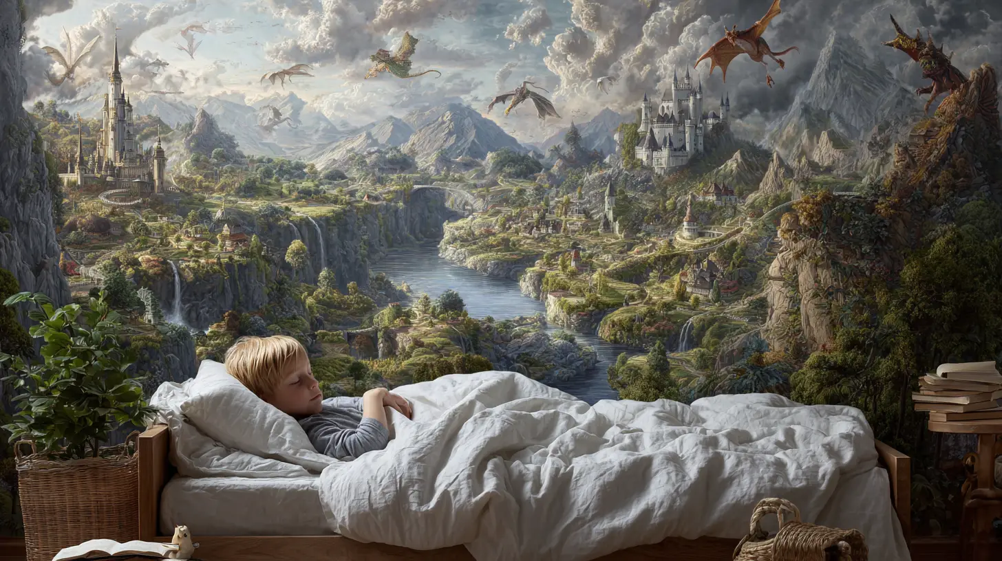 Sleeping child in bedroom opening to magical fantasy world
