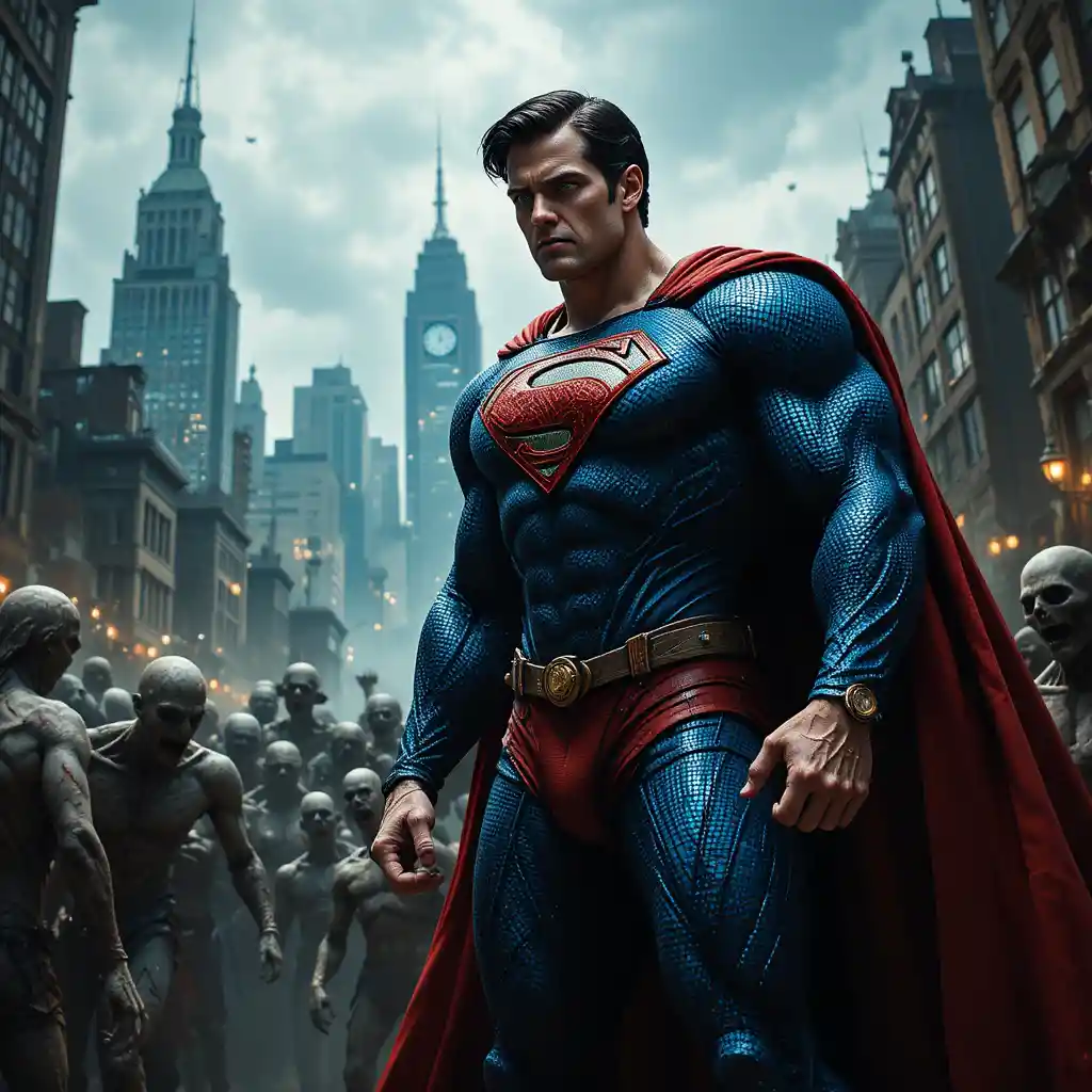 Superhero faces undead horde before ruined city skyline