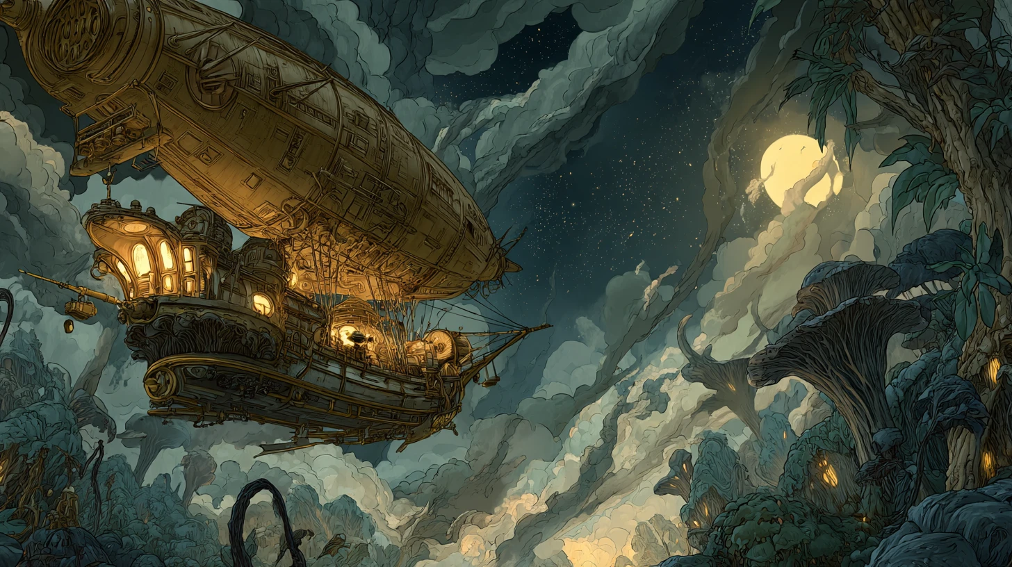 Nave aérea steampunk sobre um céu de nebulosa em espiral e selva