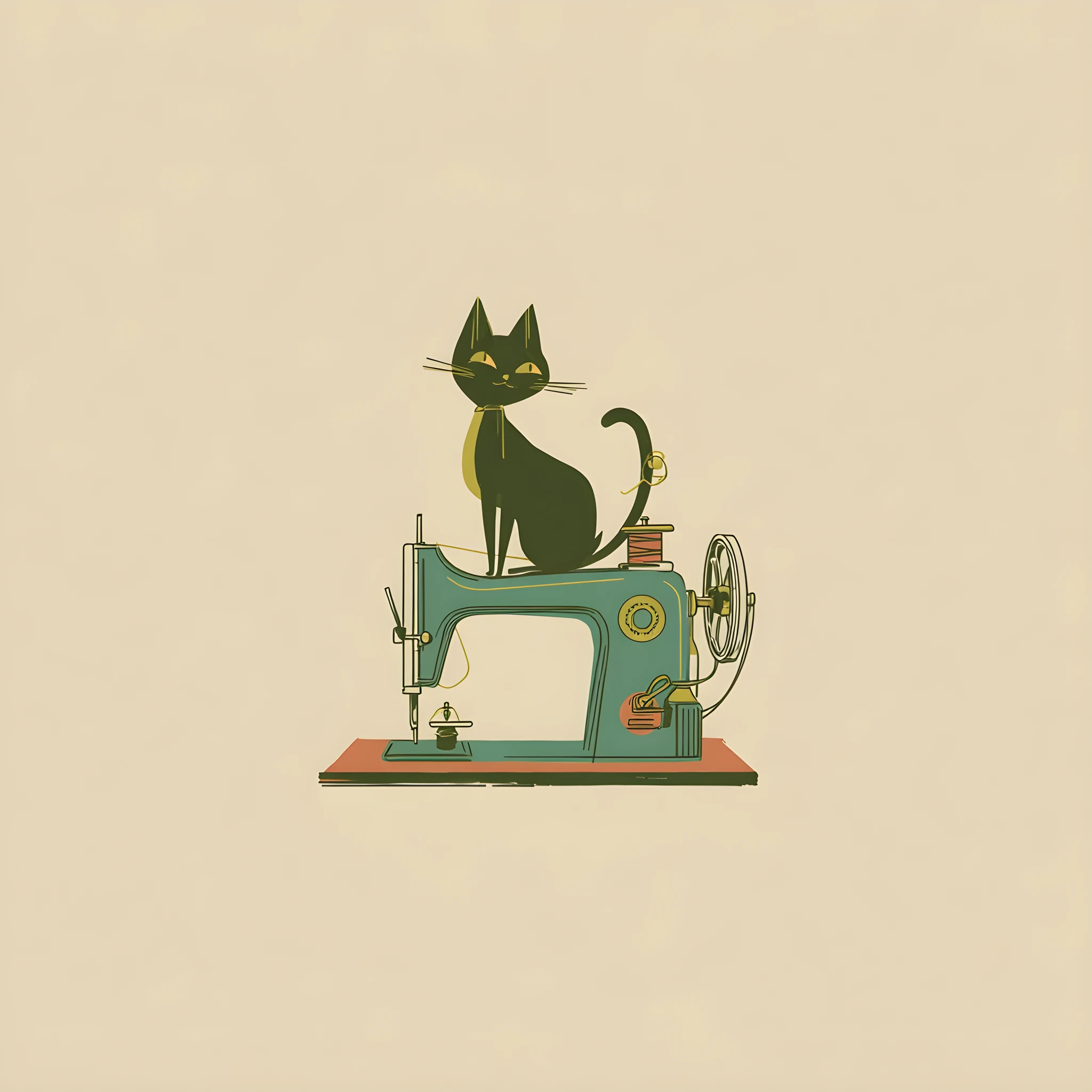 Logo de gato retrô sentado em uma máquina de costura vintage
