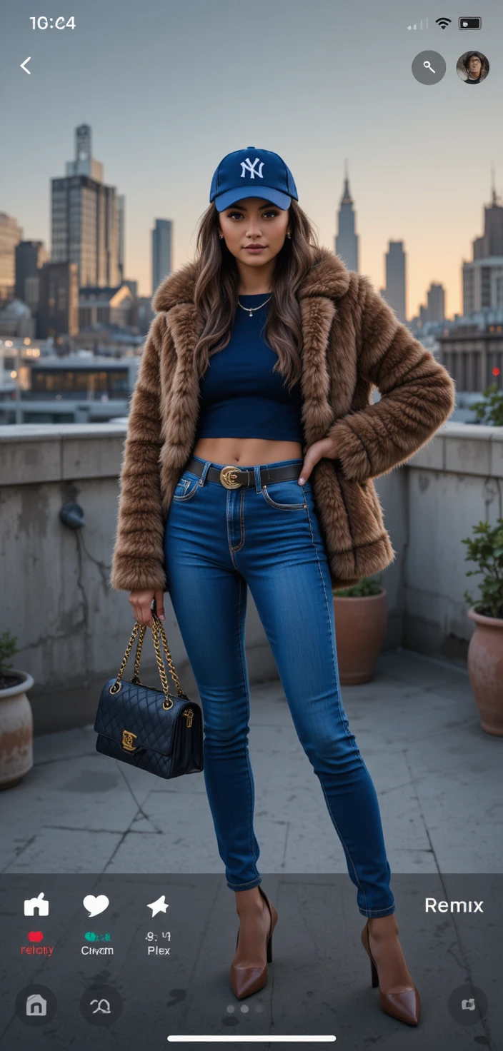 Mujer elegante en azotea de ciudad al atardecer con vaqueros y tacones