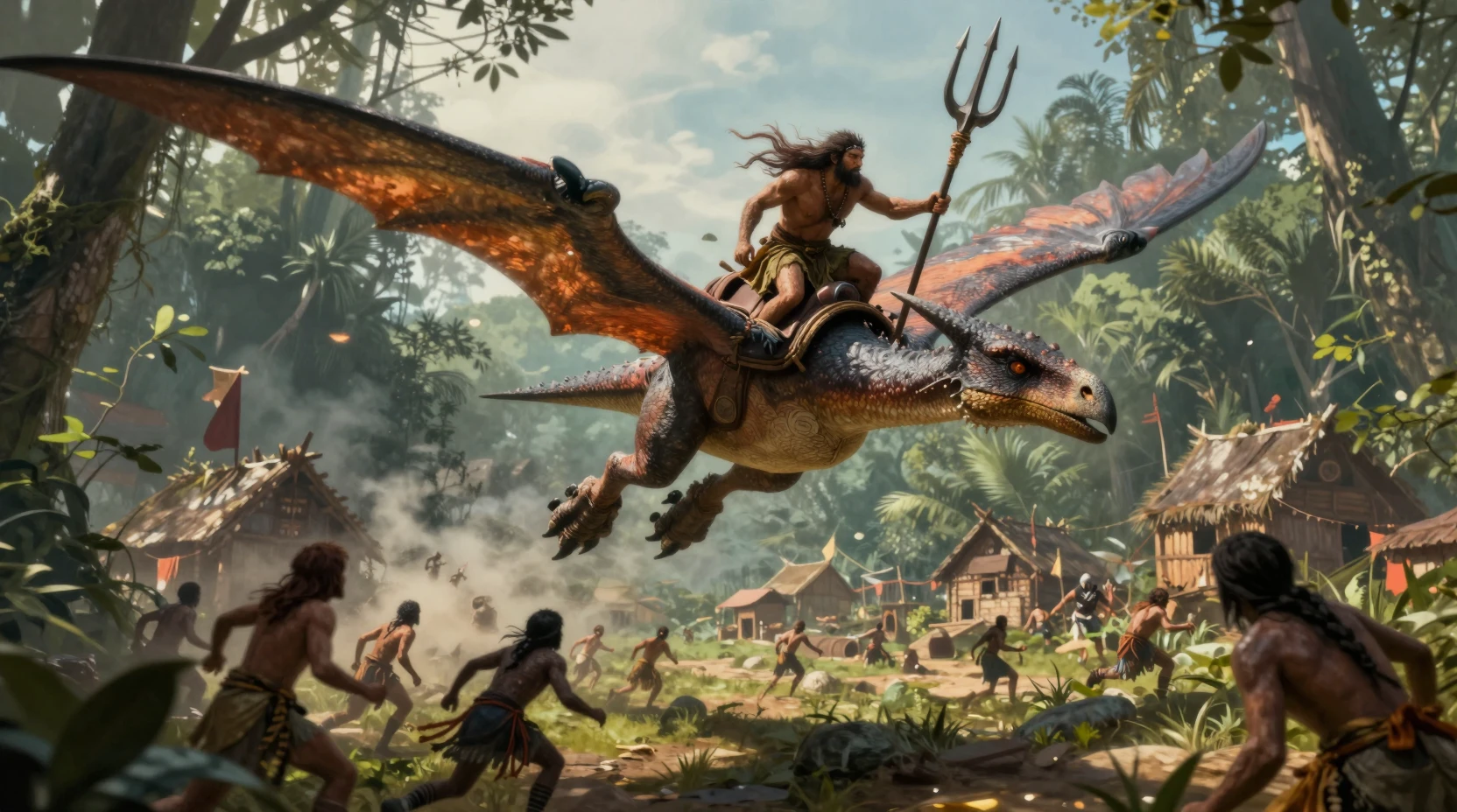 Bárbaro Montando um Pterodáctilo em Mergulho Sobre Vila na Selva