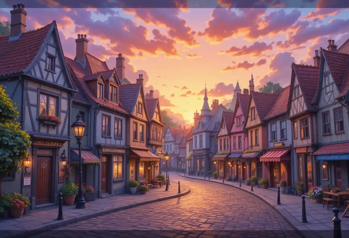 Charming Old Street With Vintage Buildings At Sunset