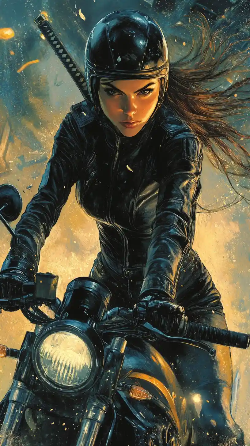 Guerreira com katana em uma motocicleta futurista