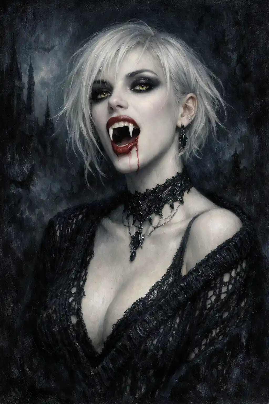 Elegante vampira gotica con zanne affilate e sfondo nebbioso