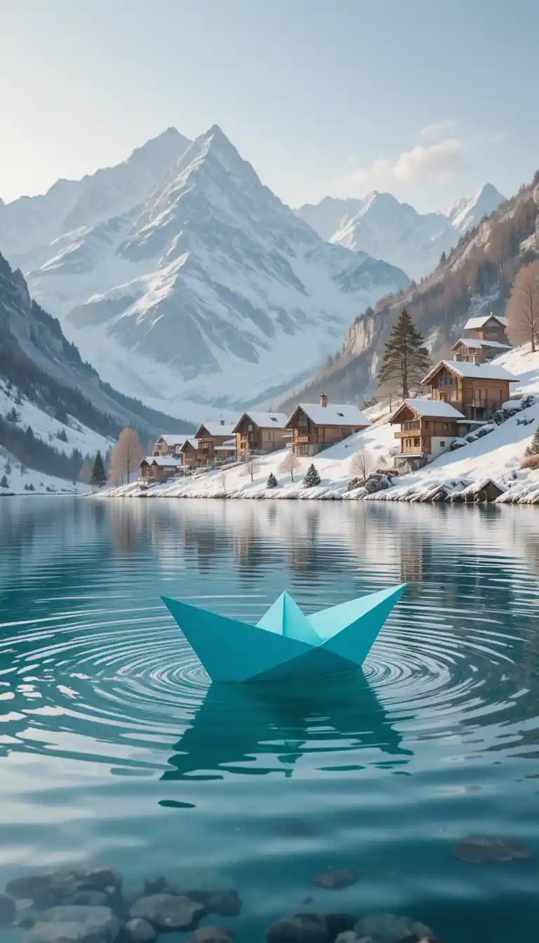 Bateau en papier turquoise sur un lac de montagne hivernal et limpide