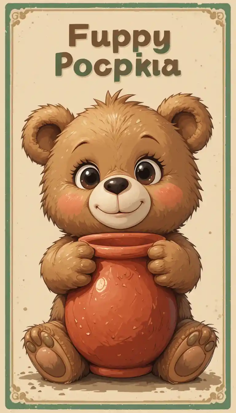 Dolce orsetto paffuto dei cartoni che tiene in braccio un vaso di terracotta rosso