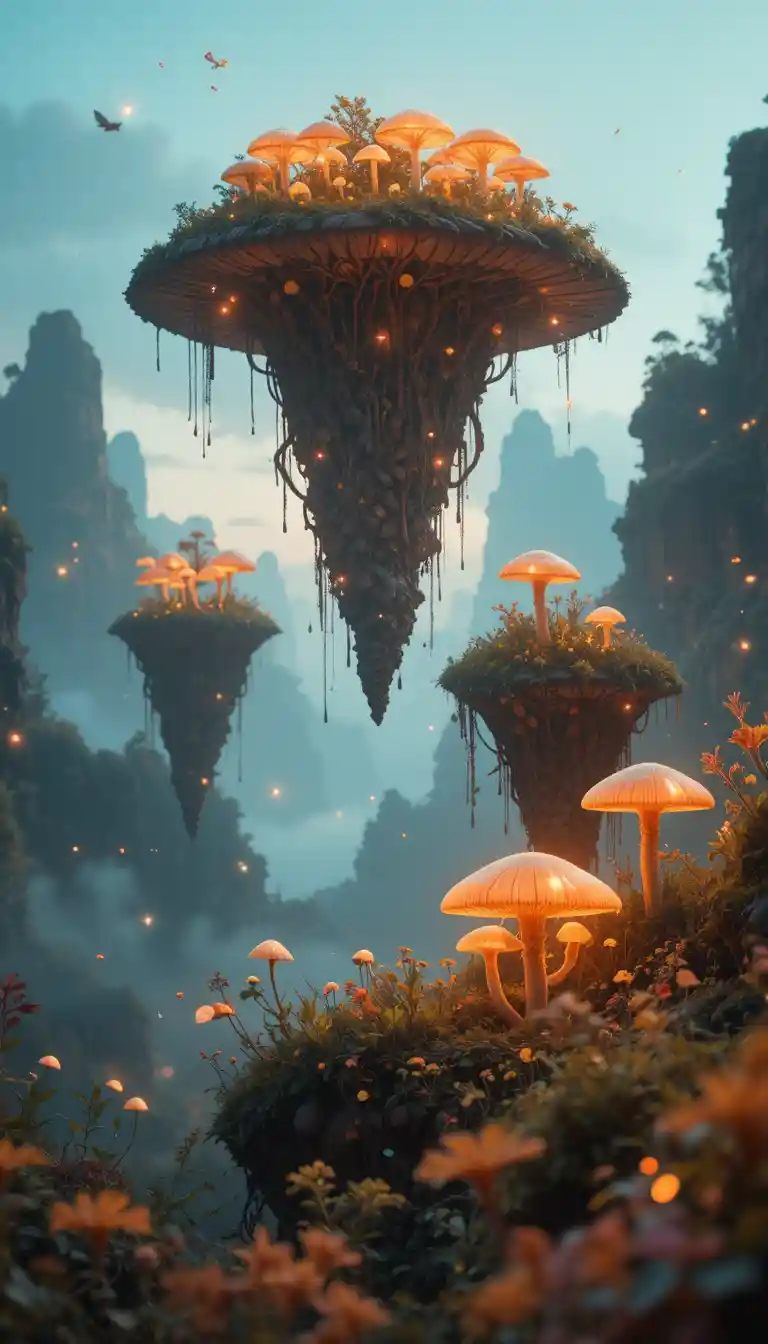 Mystical floating islands above a glowing twilight forest