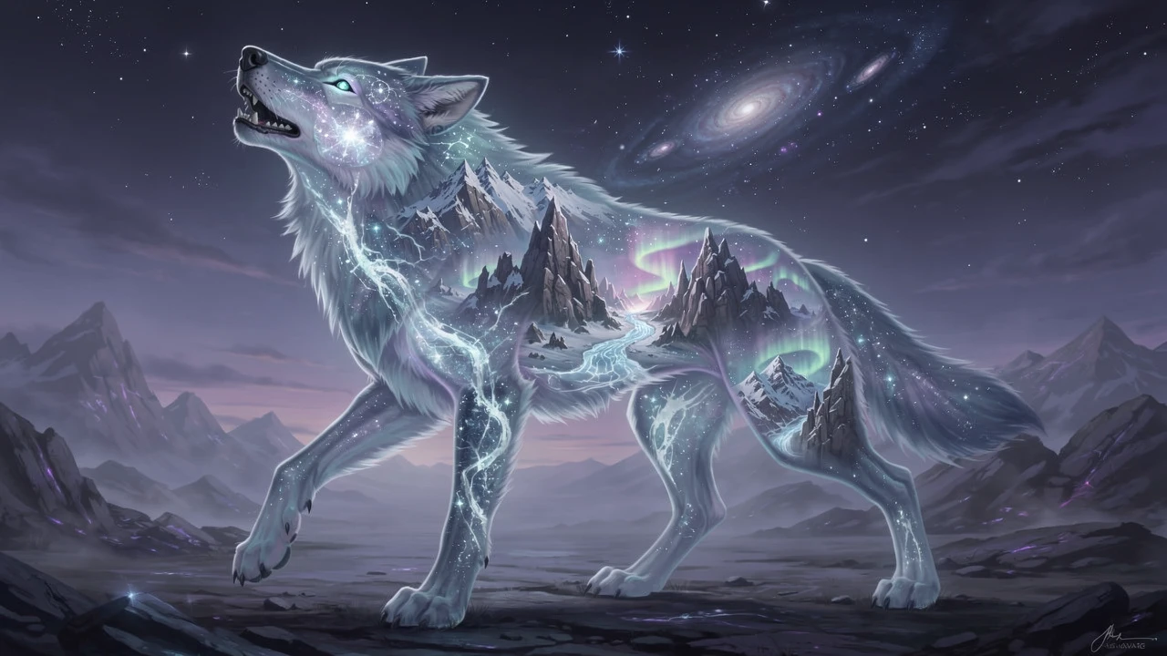 Lobo Colossal Translúcido Cruzando uma Planície Iluminada por Estrelas