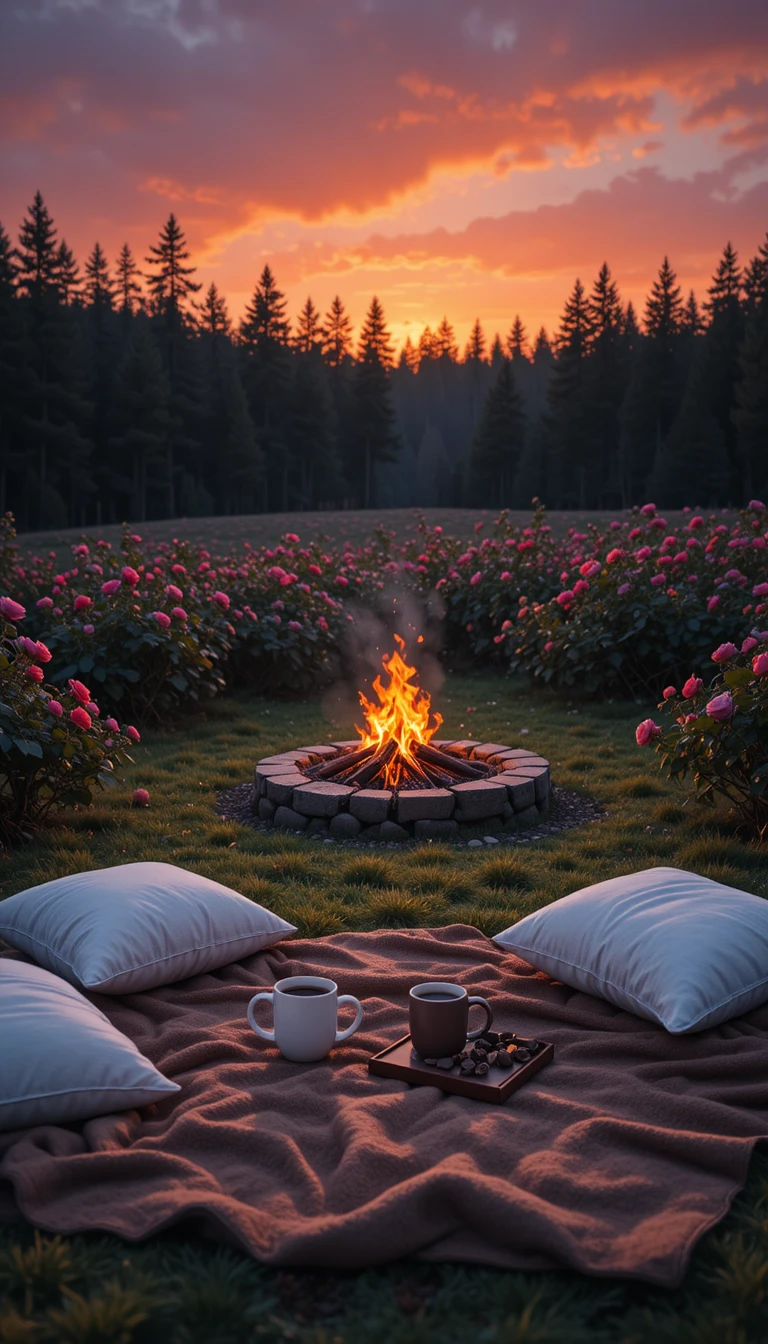 Cozy sunset picnic with campfire in a rose field