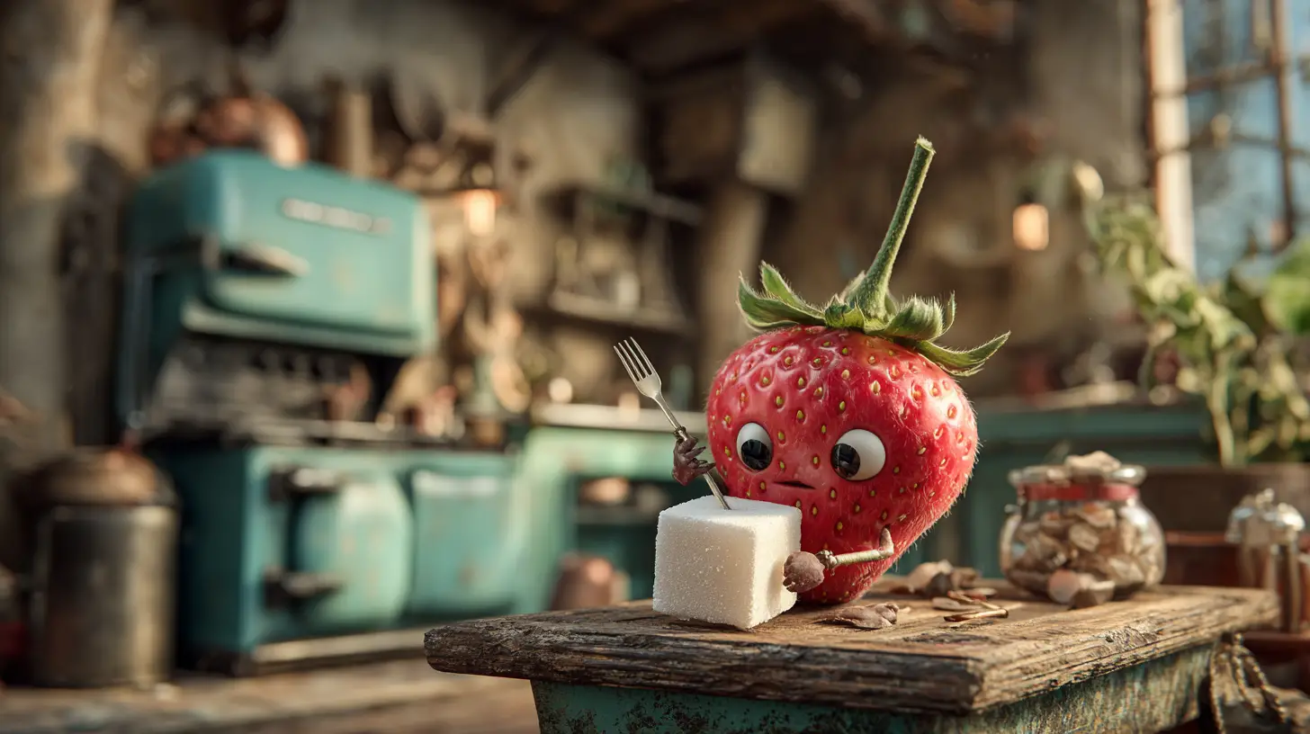 Whimsical strawberry eating sugar on an antique kitchen table