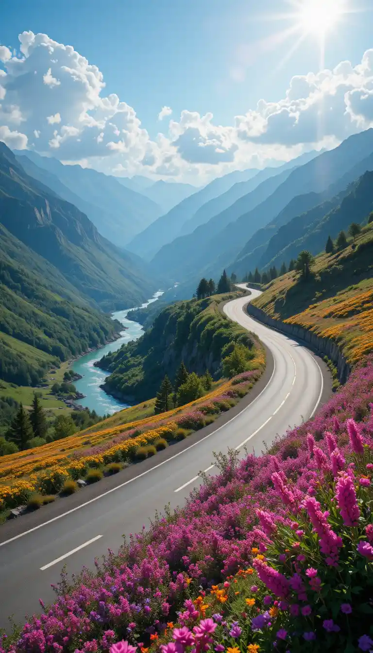 Rodovia de montanha sinuosa em um vale iluminado de flores silvestres