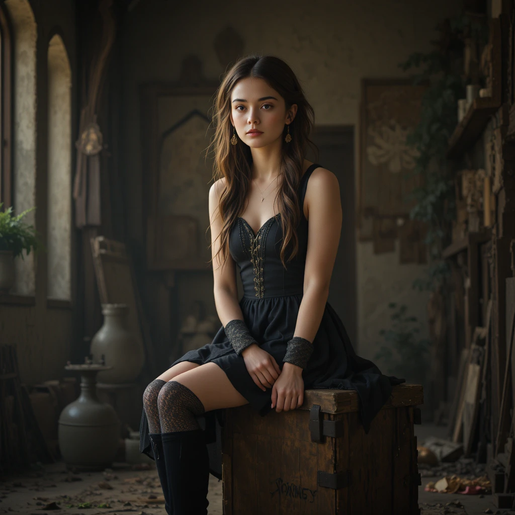 Young woman seated on a wooden box in warm fantasy light