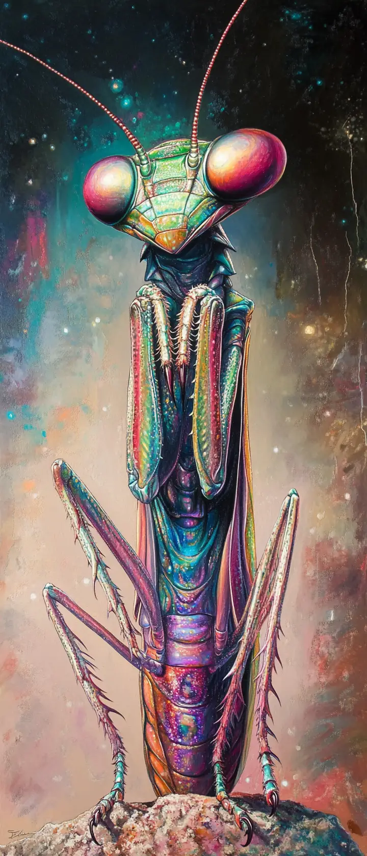 Mante Religieuse Fantastique et Contemplative dans un Monde Coloré et Scintillant