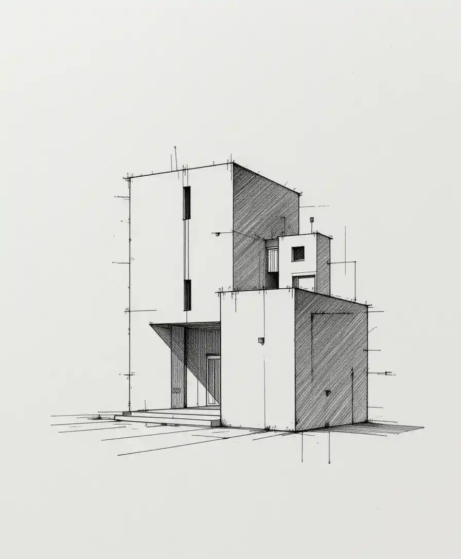 Disegno minimalista a matita di un singolo edificio architettonico