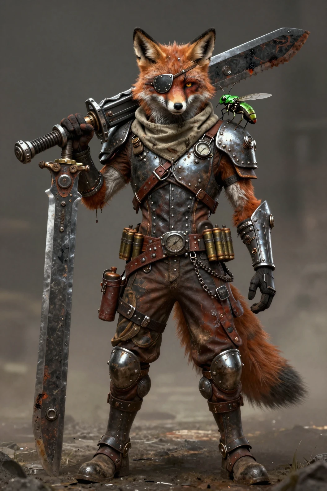 Volpe mercenaria segnata dalla battaglia in armatura industrial dieselpunk