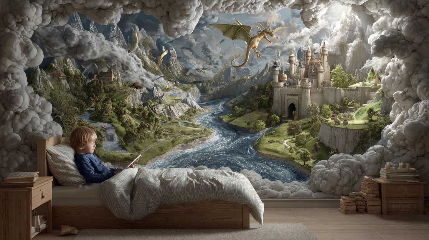 Sleeping child in a bedroom opening into a fantasy world