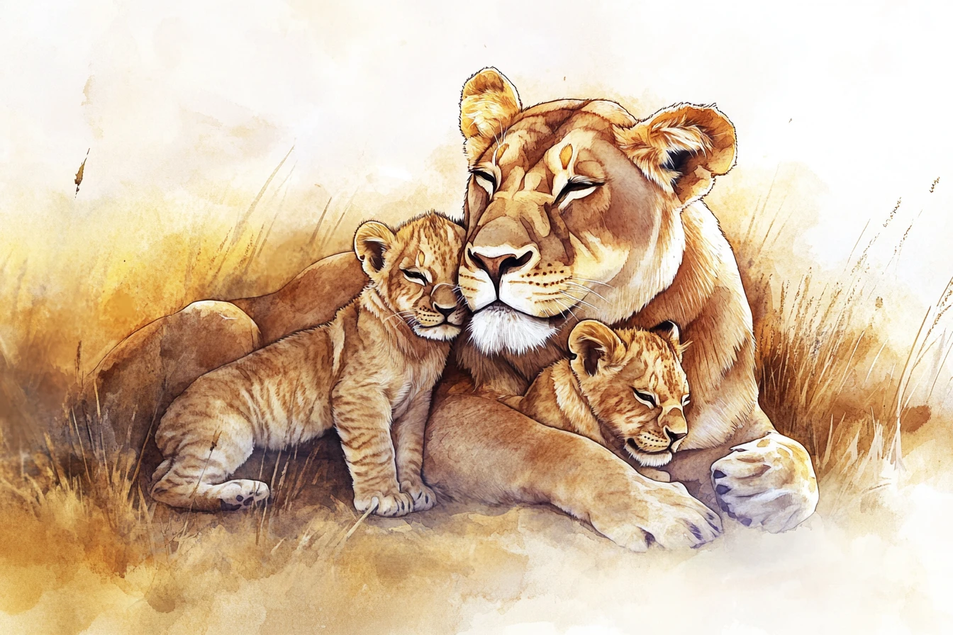 Leoa descansando com dois filhotes na suave luz da savana
