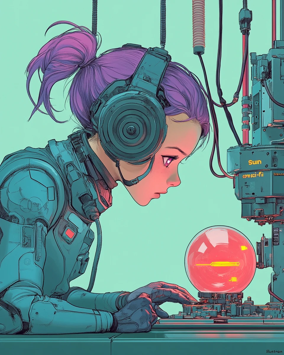 Kybernetisches Anime-Mädchen, das ein leuchtendes sphärisches Gerät justiert