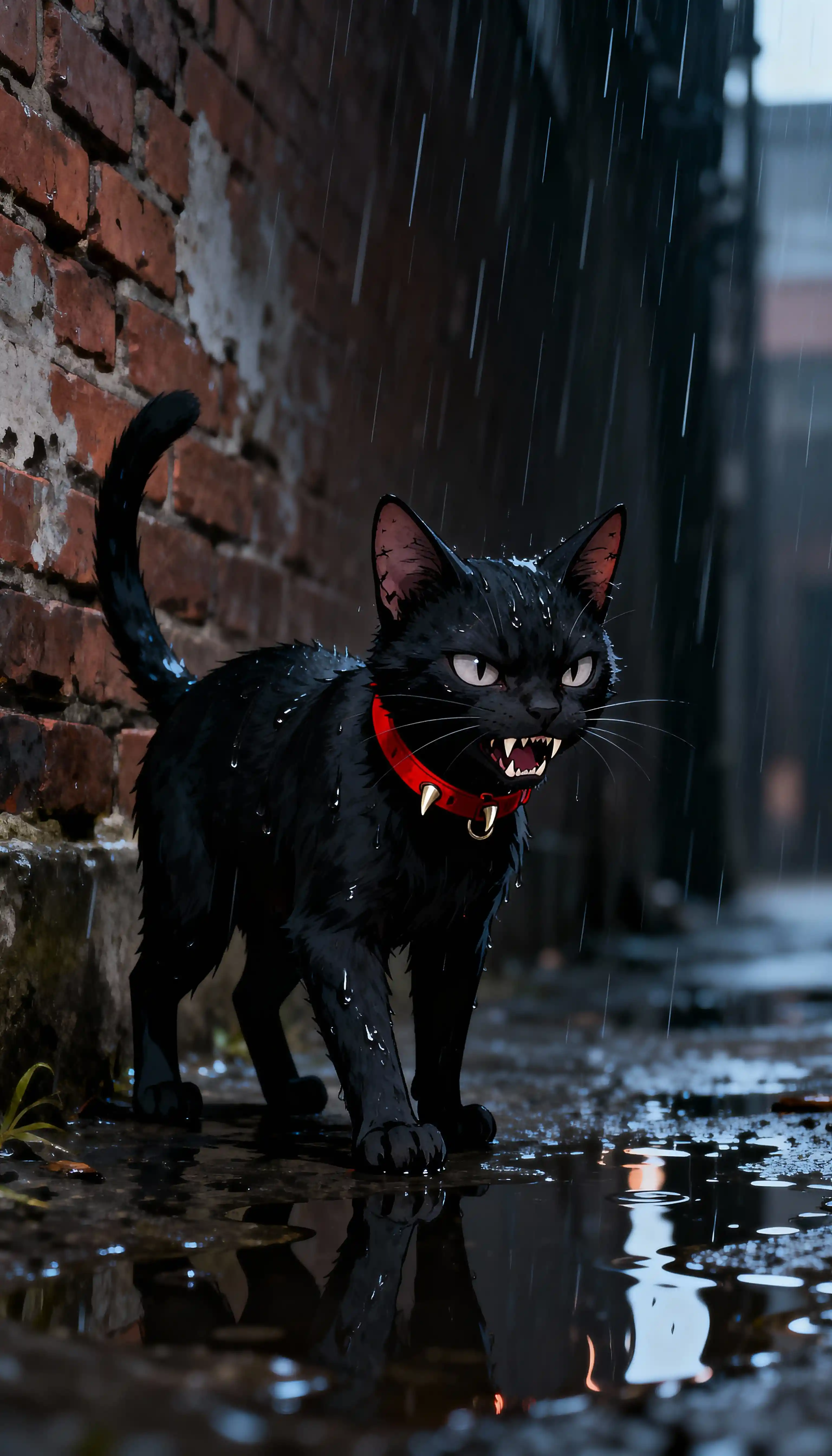 Menacing black anime cat in a rainy urban alley