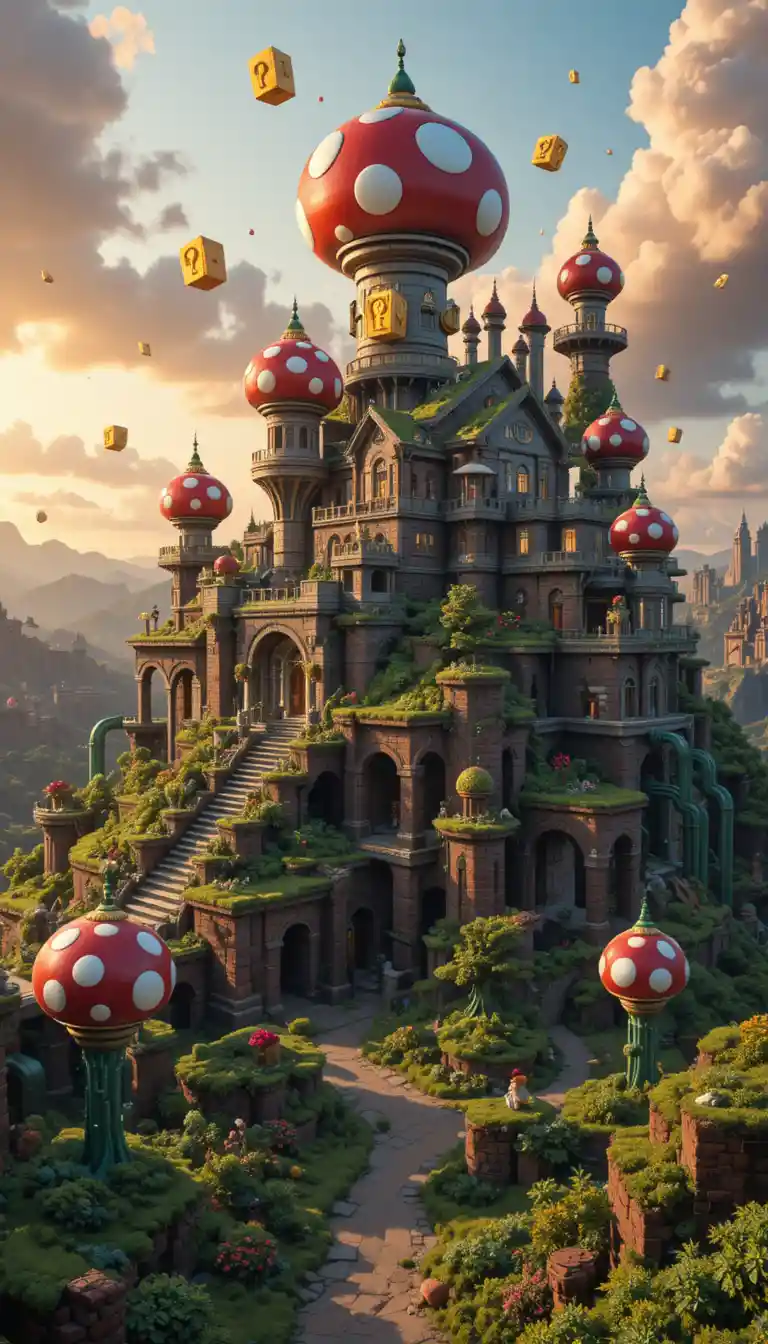 Surreal voxel fantasy mansion under glowing sunset light