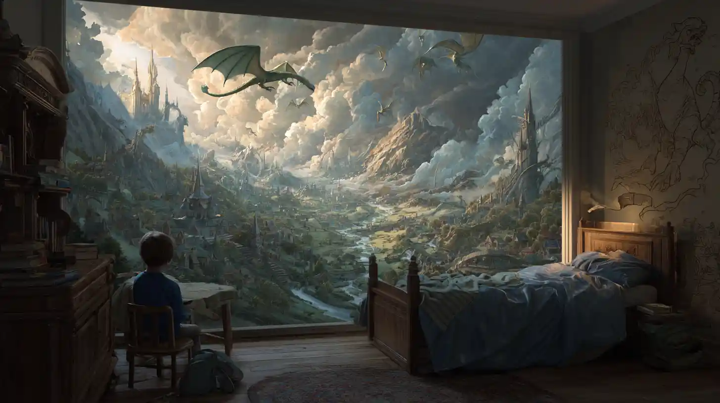 Sleeping child in bedroom opening into magical fantasy world