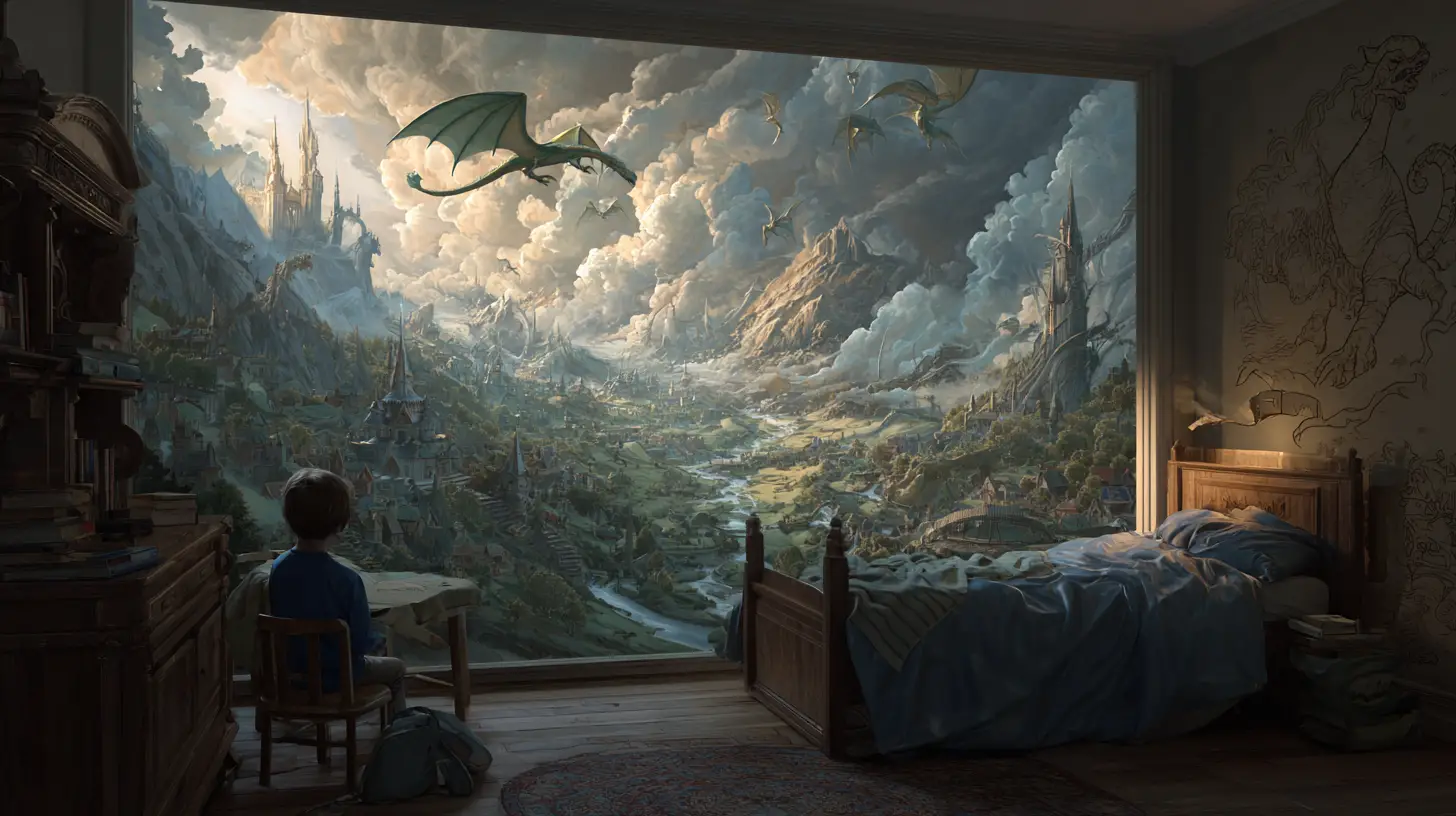 Sleeping child in bedroom opening into magical fantasy world