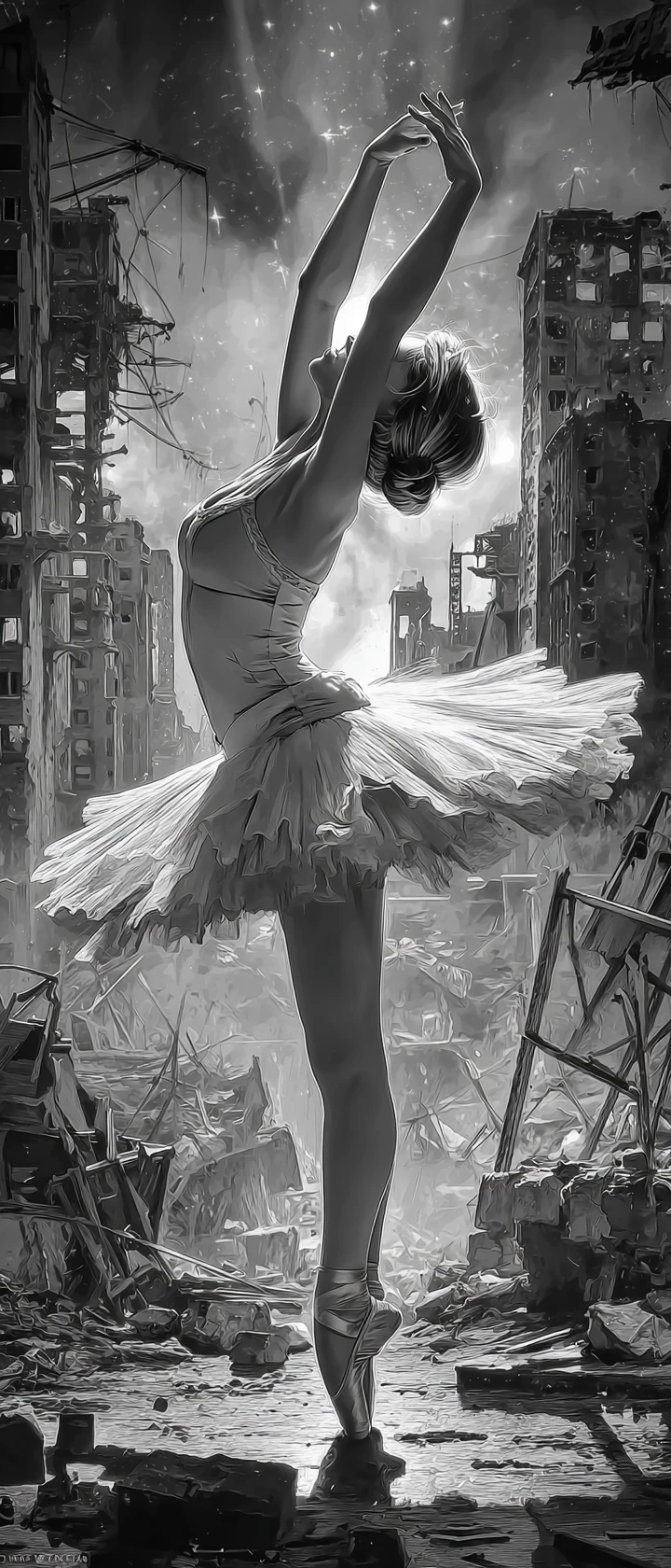 Young ballerina pirouette in a ruined monochrome city