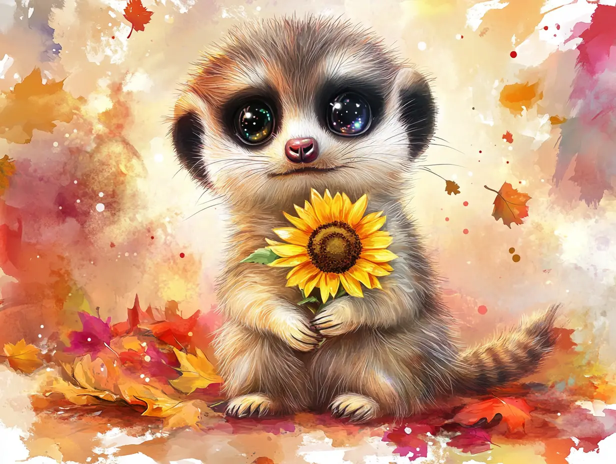 Cute baby meerkat holding sunflower in autumn colors