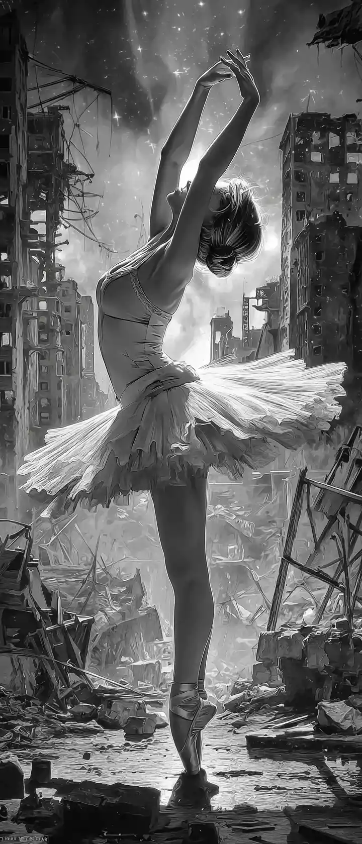 Young ballerina pirouette in a ruined monochrome city