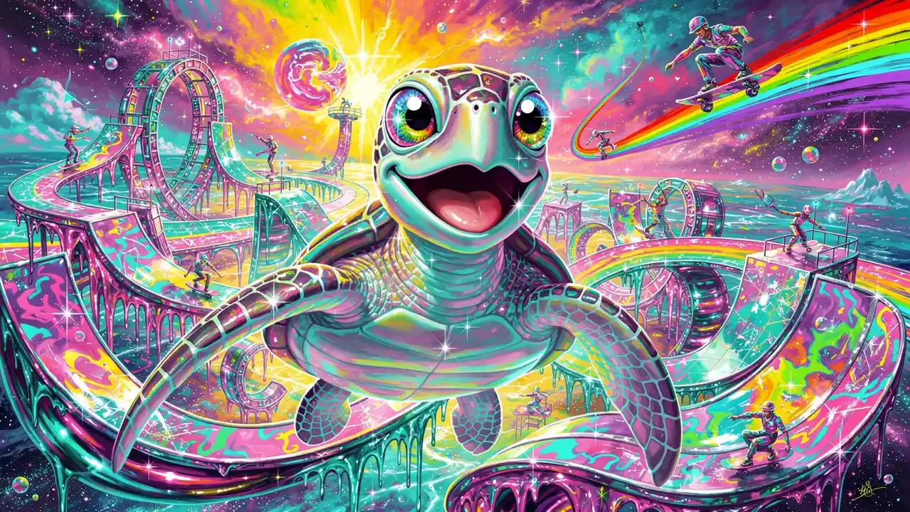 微笑的宇宙海龜穿梭於超現實霓虹夢境