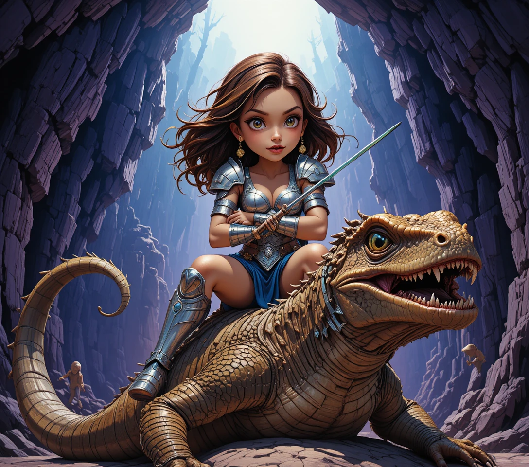 Armored warrior woman standing over a golden reptile
