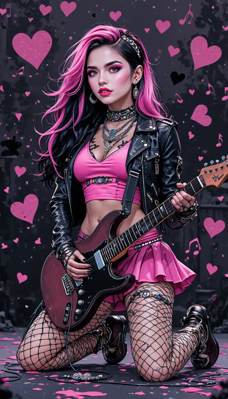 Ragazza teen gotica che rockeggia con chitarra elettrica sul palco