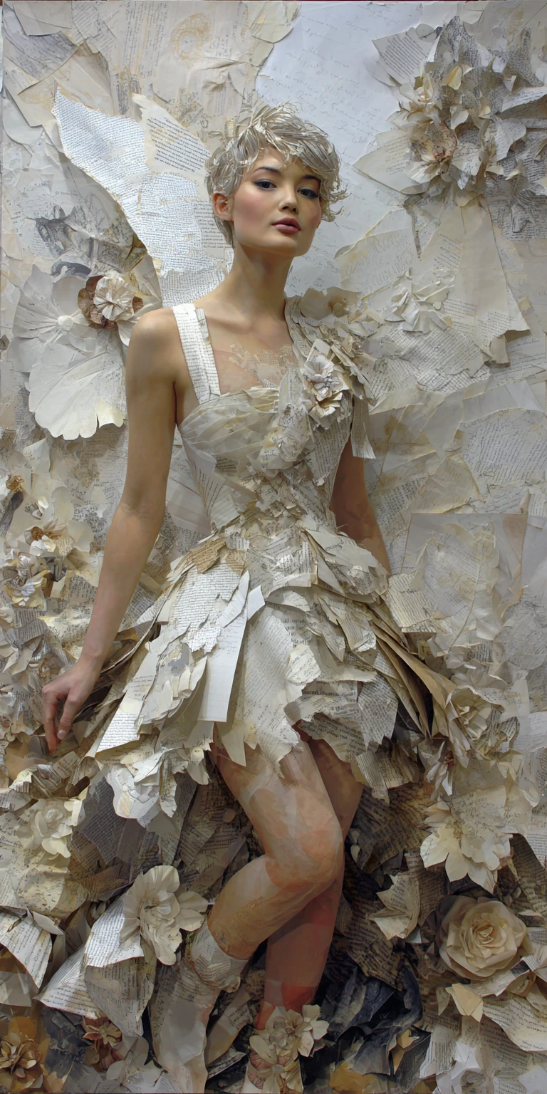 Supermodel entourée d’une art surréaliste en papier et tissu sculpturaux