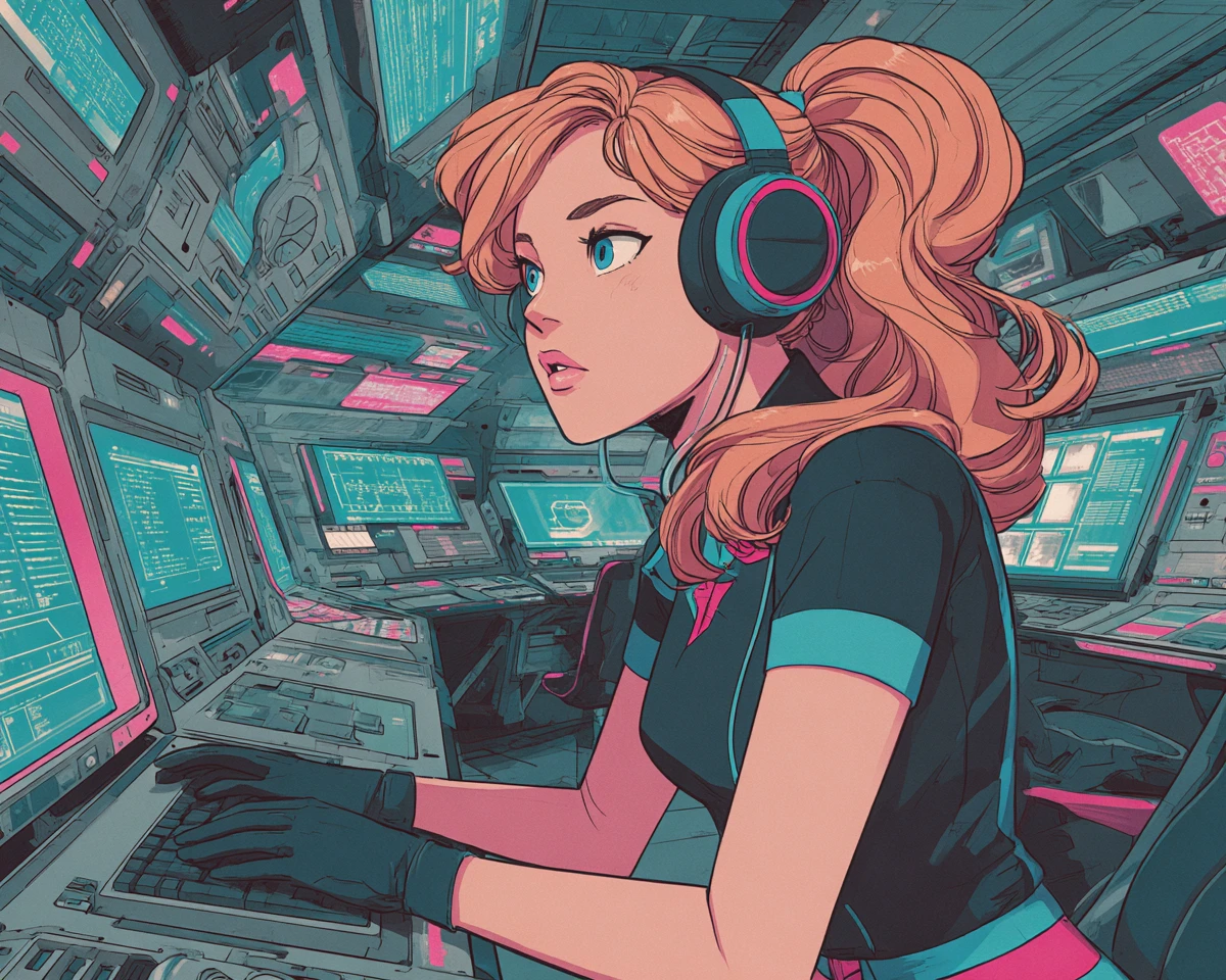 Anime girl at neon lit spaceship control workstation