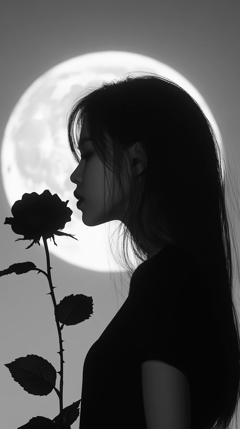 Young woman holding black rose under a glowing full moon