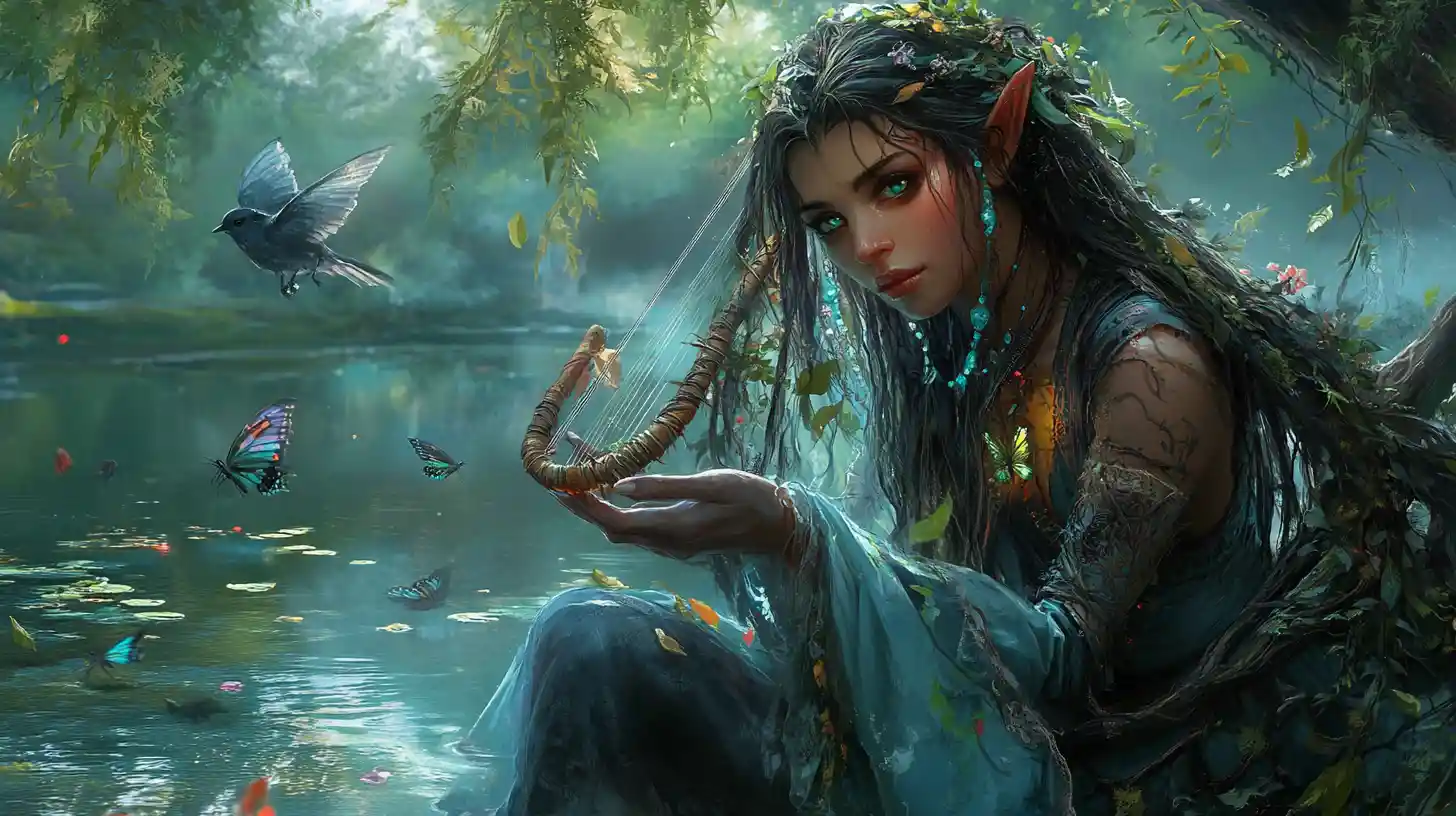 Willow haired woman by pond weaving music for birds