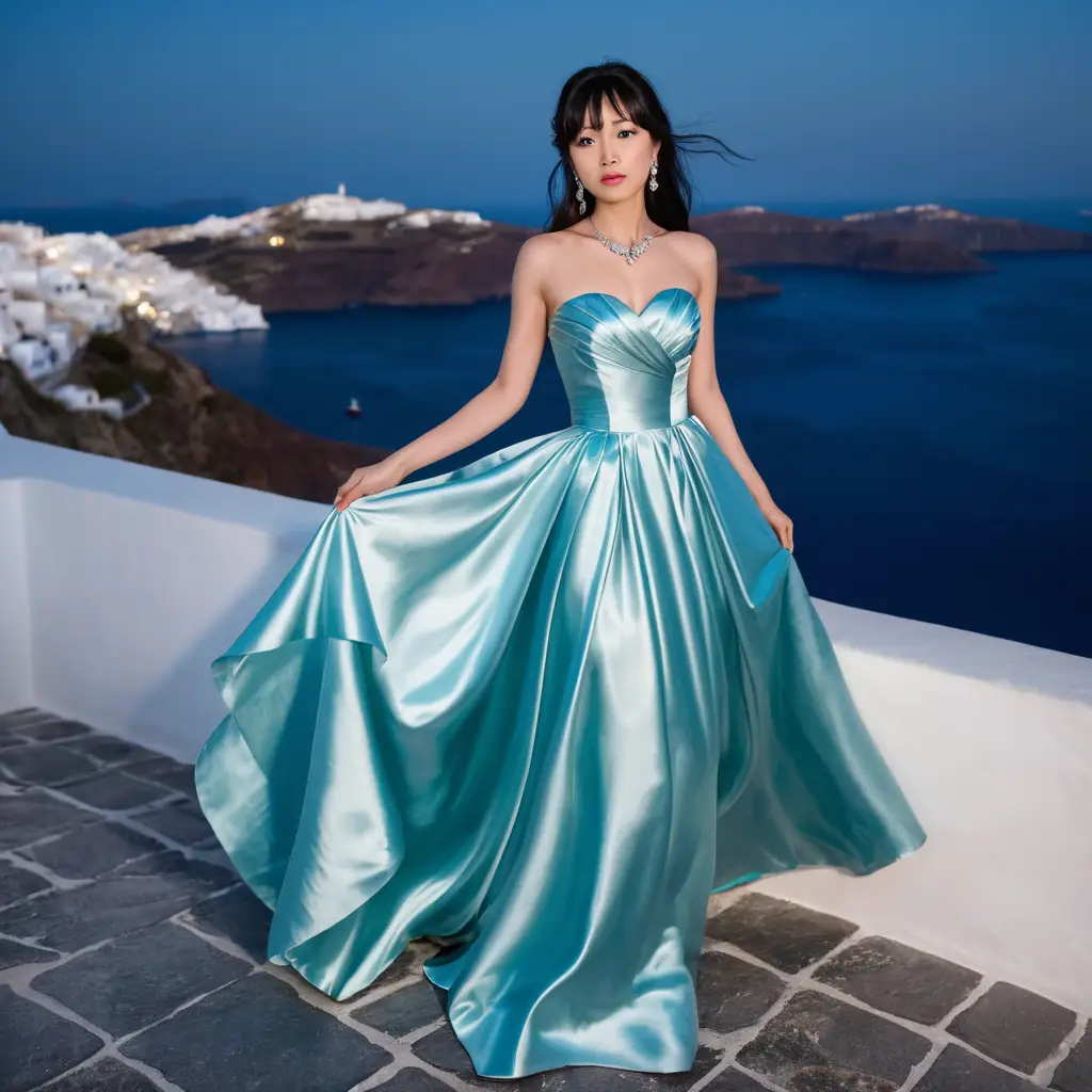 Elegante mulher japonesa em vestido de cetim à noite em Santorini
