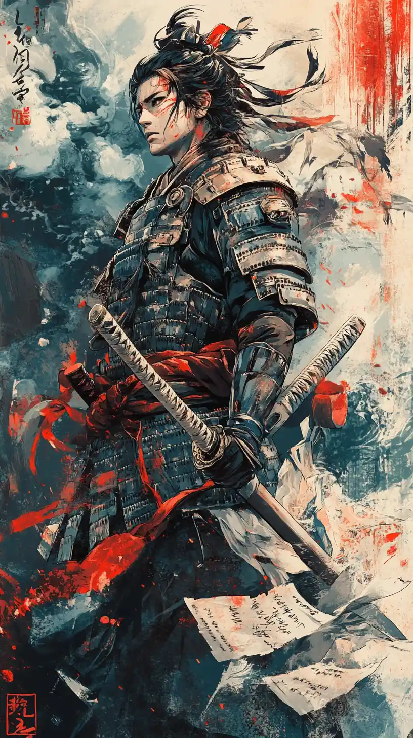Giovane samurai in armatura di carta che guarda in alto con determinazione