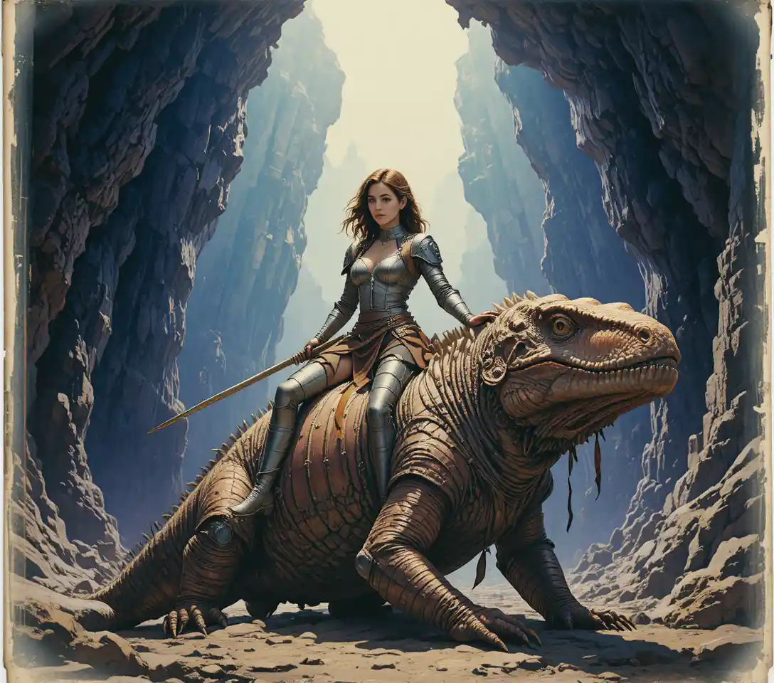 Armored warrior woman standing over a golden reptile monster