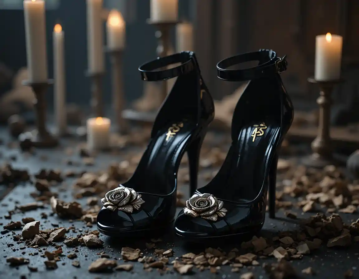Glänzende schwarze High Heels mit Rosen und Kerzenschein-Atmosphäre