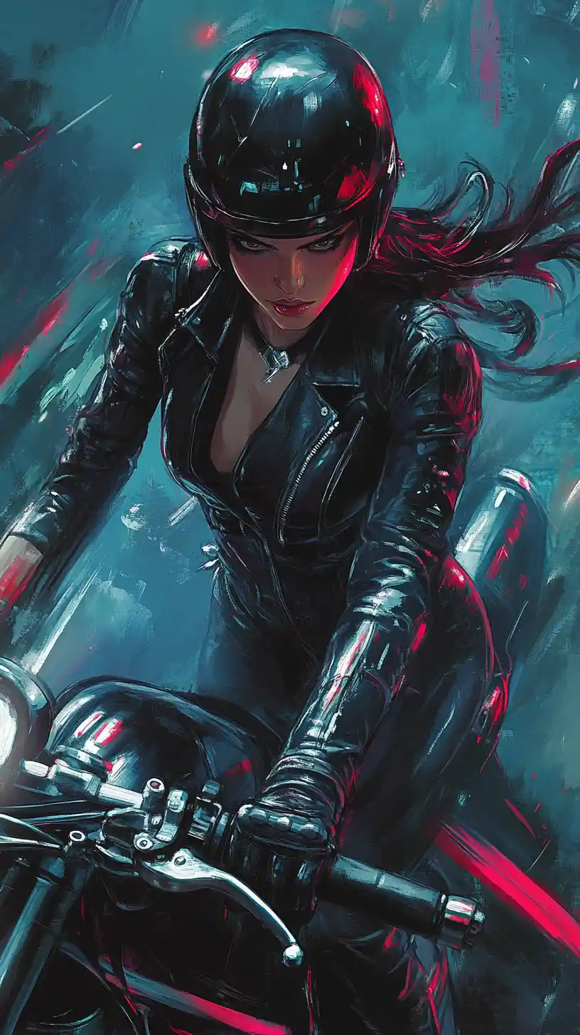 Guerreira com katana em uma motocicleta de alta tecnologia
